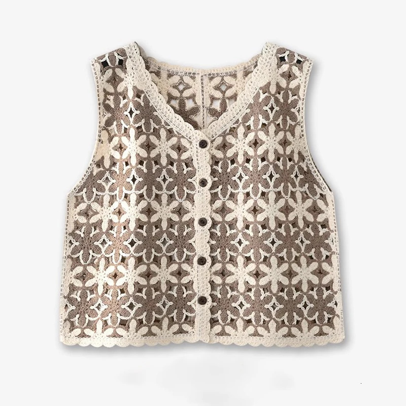 Floral Crochet Waistcoat Top for Women Sheer Open-knit Button Front Sleeveless Vest Top Teen- Summer Boho Vacation Outfit 250318