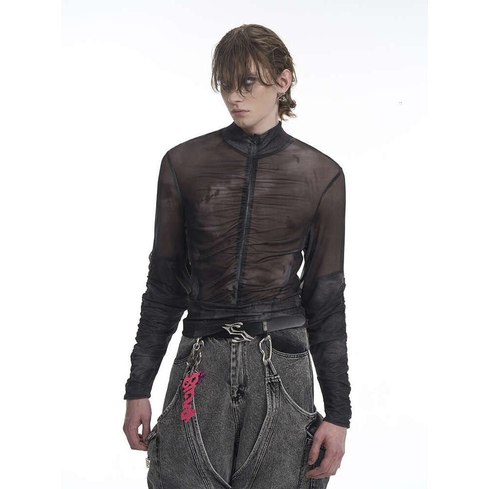 Men's Clothing STARTEXCEEDED Half High Collar Mesh Zipper Bottom Shirt For Men's Spring Folding Slim Fit Interior Long Sleeve T-Shirt