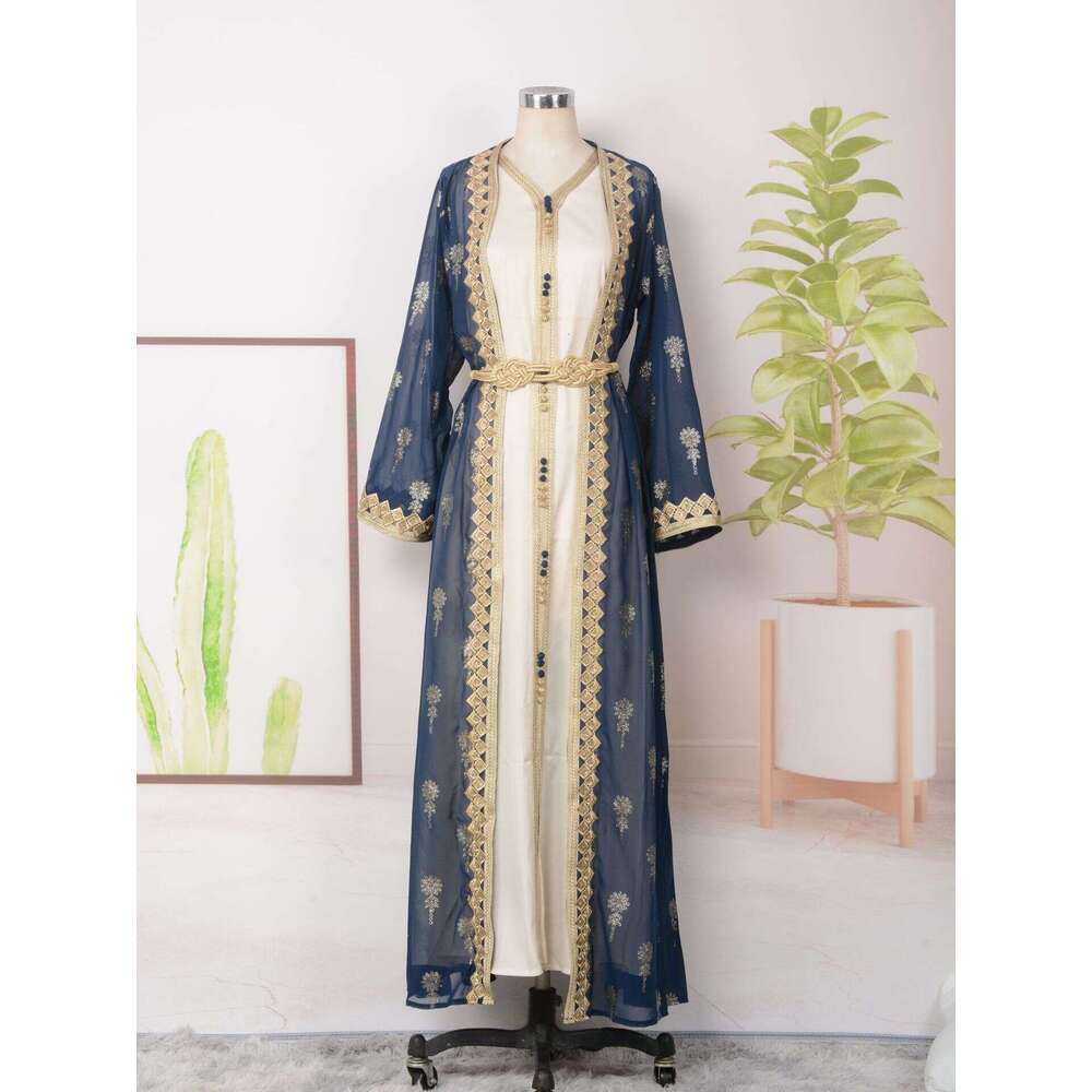 Mt029 Arab Clothing Robe Embroidered Cardigan Vest Two-Piece Set Dress