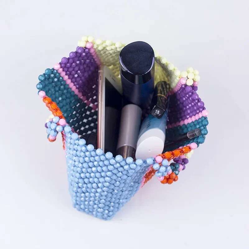 Meet You Fahsion Colorful Striped Beaded Handbag Fashion Hand-Woven Acrylic Bead Evening Clutches Color Contrast Rainbow Bag