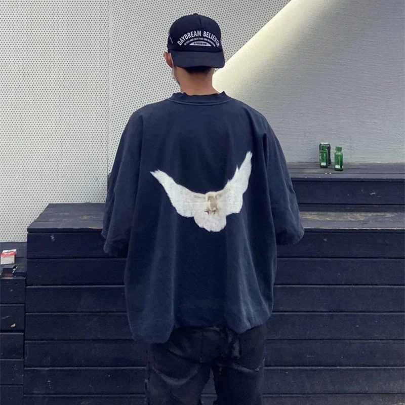 Michael sage streetwear high-quality retro YZY DOVE DONDA loose oval pigeon print mens T-shirt topXJ250318