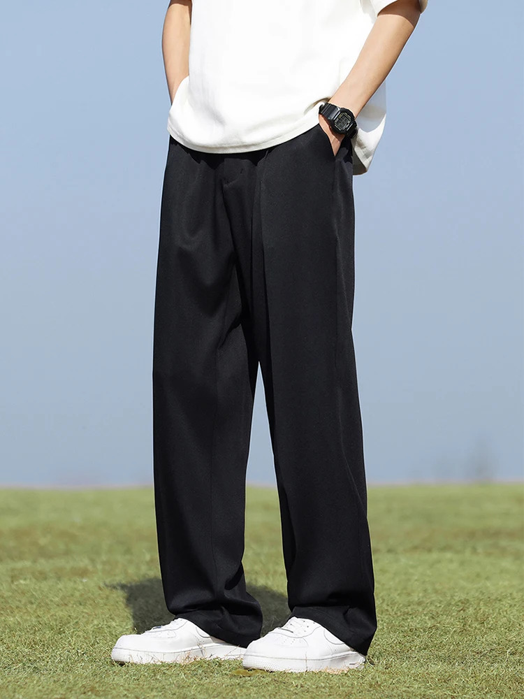 Summer Korean Mens Pants Light Thin Polyester Elastic Waist Semi-Wide Loose Slacks Drape Suit Pants Male Casual Trousers 250318