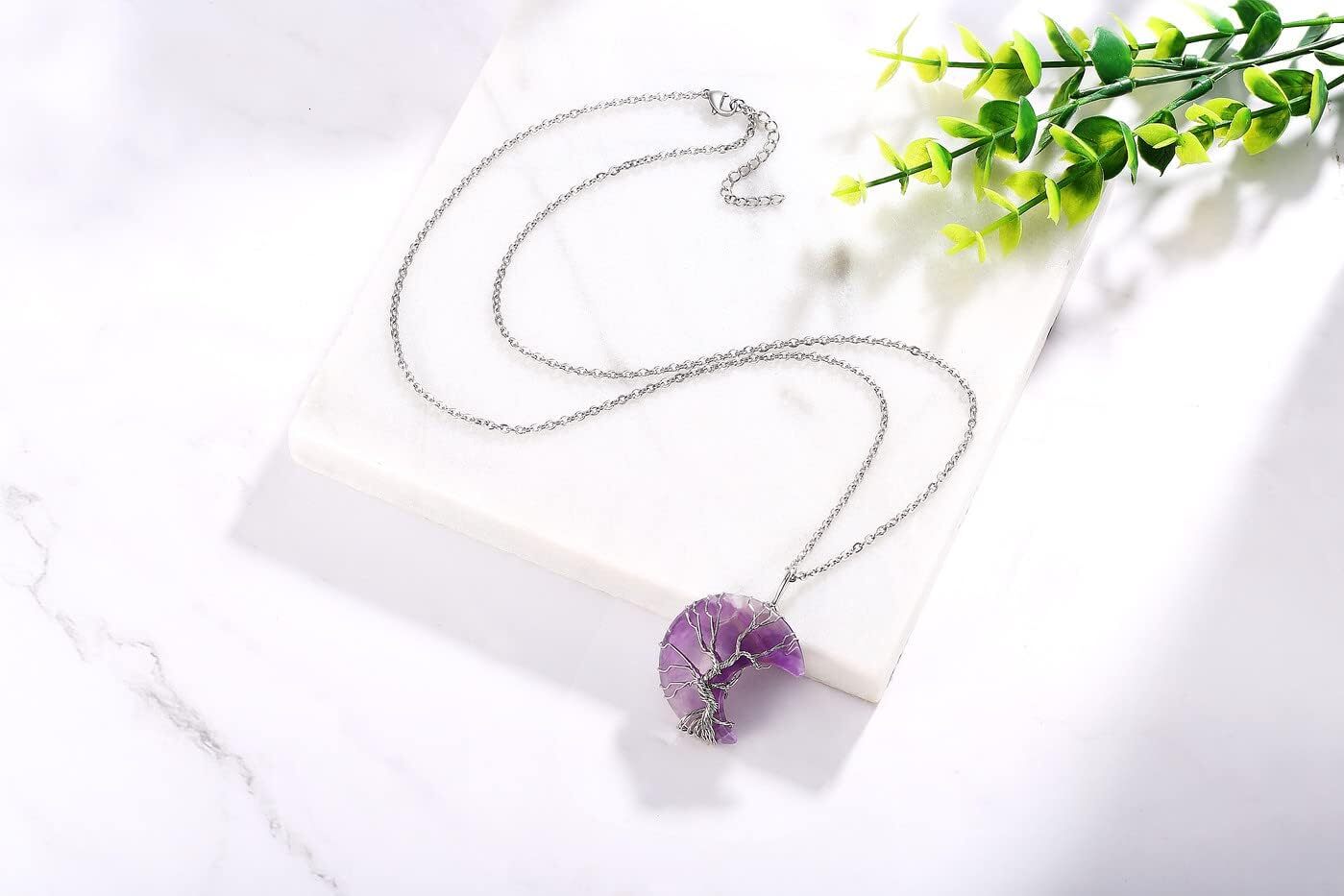 Women's New Moon Pendant Tree of Life Metal Wire Wrapped Crystal Necklace Natural Quartz Jewelry Women and Men