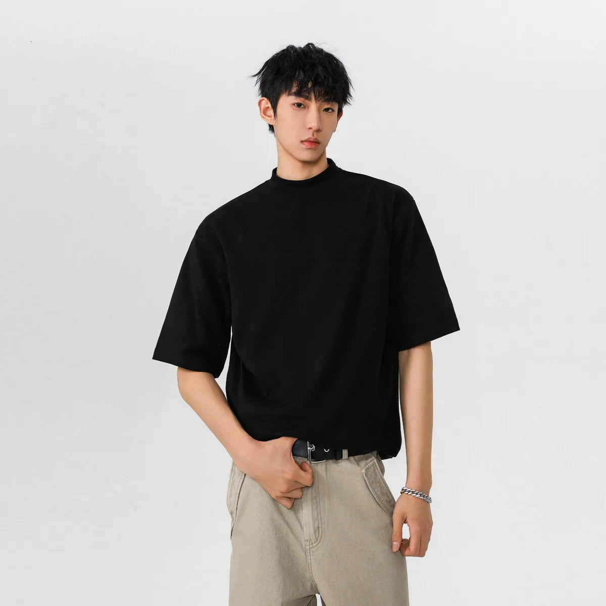 Black White Mens T shirt Cotton Short Sleeve Sports GYM Fitness T-shirts Tops For Man Mock neck Casual Tshirt 250318