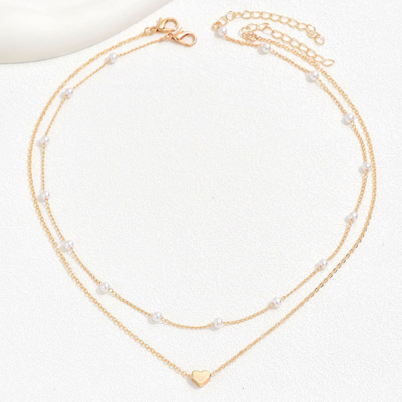 Imitation Pearl Chain Love Pendant Double Necklace Female Simple Temperament Multi-layer Choker Jewelry