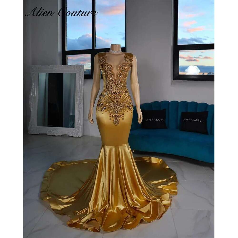 Gold Mermaid Evening Dress Bead Crystal Dias Elegant Birthday Party Dresses Woman 2024 Prom Gown Customized Dr0318