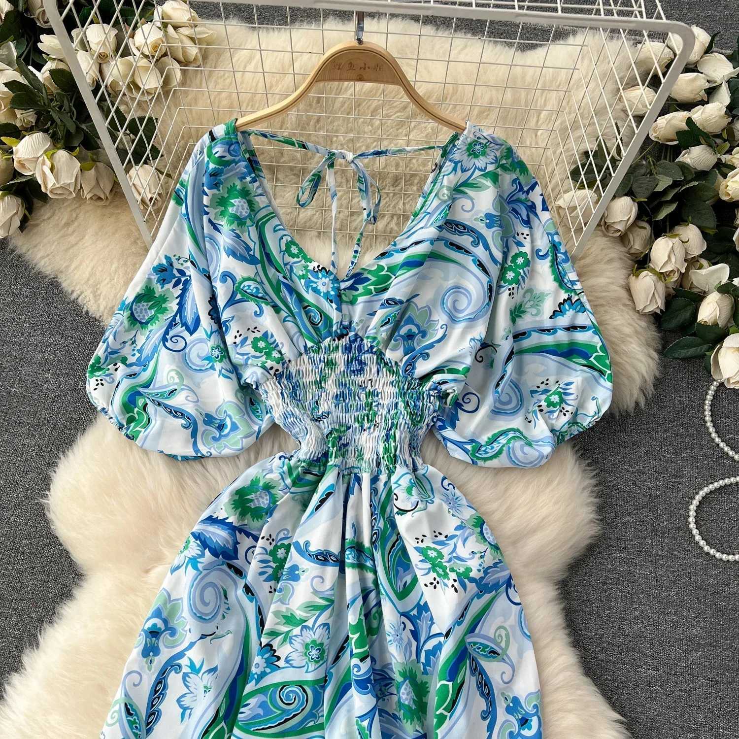 Summer Womens Sexy V-neck Puff Slve Printed Womens jumpsuit Black/Red/Blue/Yellow Wide Leg jumpsuit Resort Beach New Fashion X250318