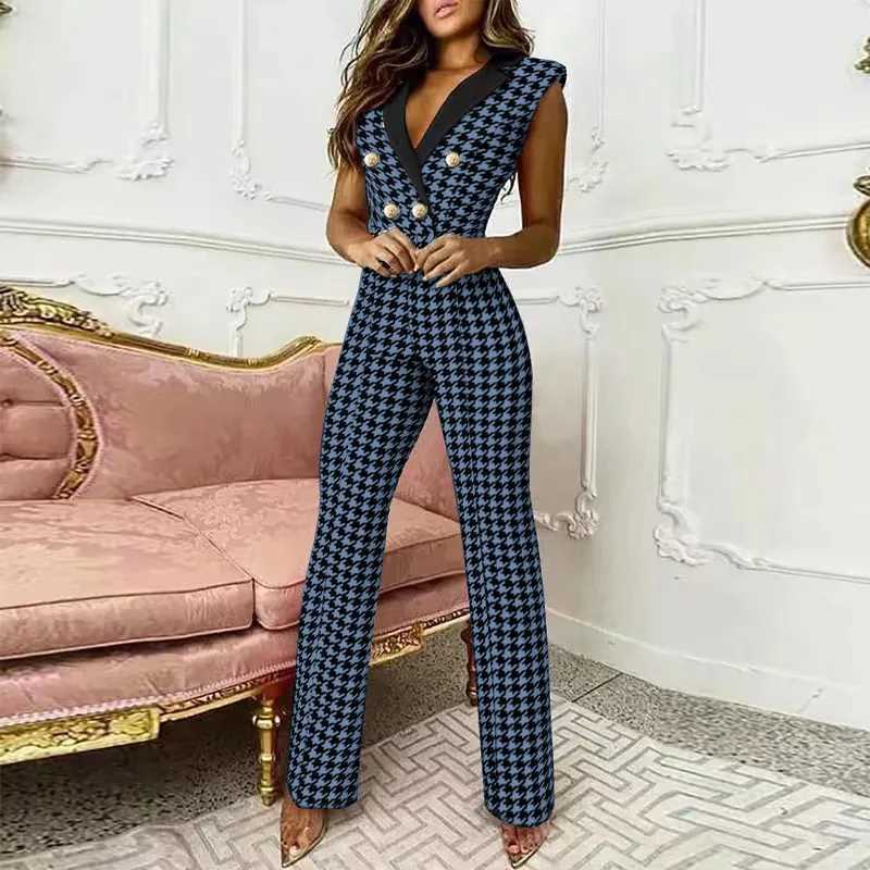 Office Lady Slveless Jumpsuit Fashion Houndstooth Print Dp V-Neck Button Straight Jumpsuit Summer New Elegant Commuting X2503181