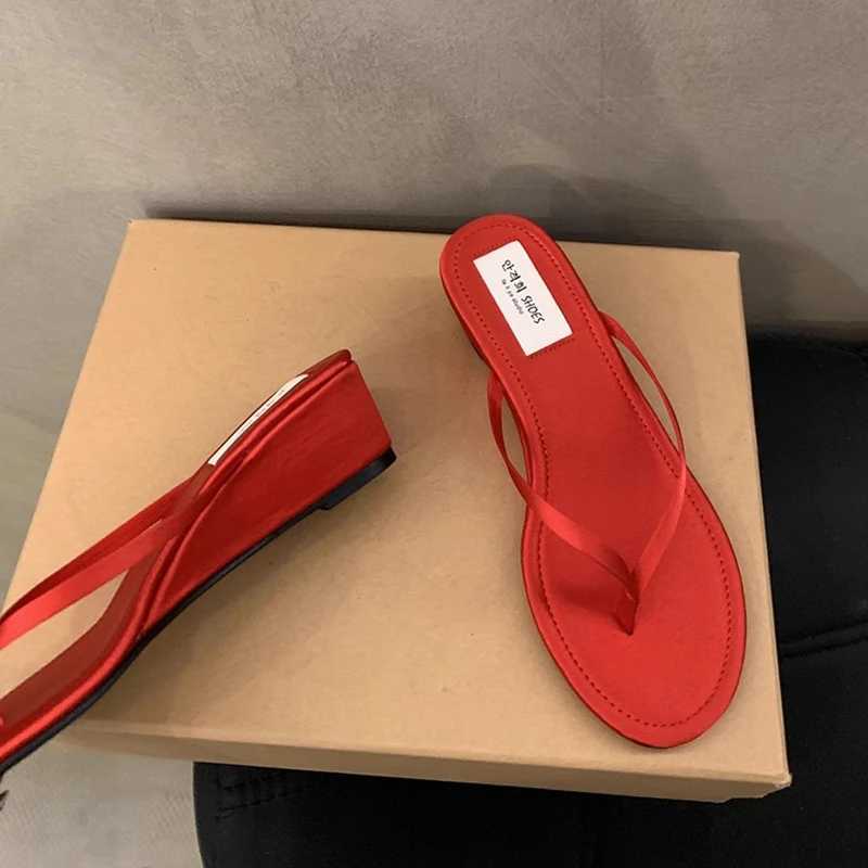 SUOJIALUN 2025 Summer New Wen Slipper Fi Narrow Band Ladies Slip Flip Shoes Low Wedge Heel Outdoor Dress Slides Y250317