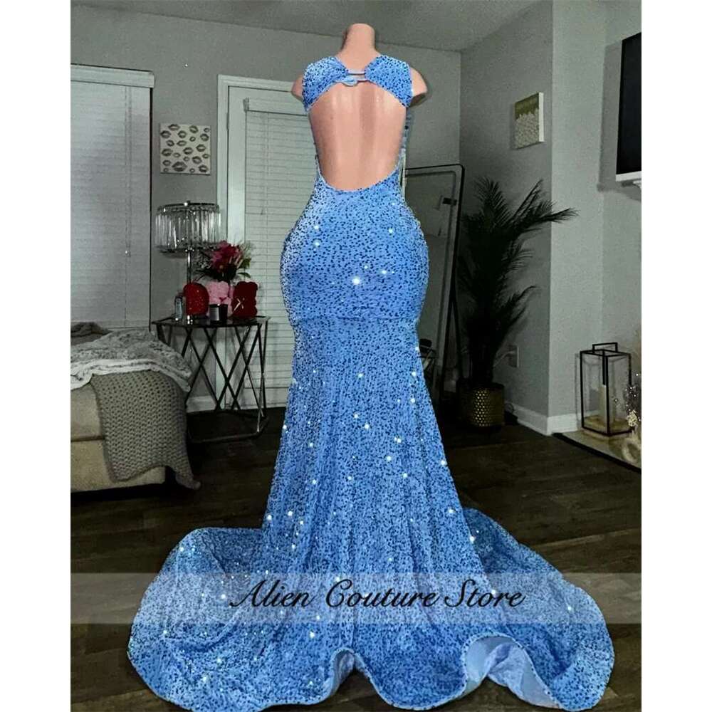 Blue Sequins Mermaid Prom Dresses Elegant Or-Length Glitter Beading Crystals Pearls Tassels Birthday Gown Customized Dr0318