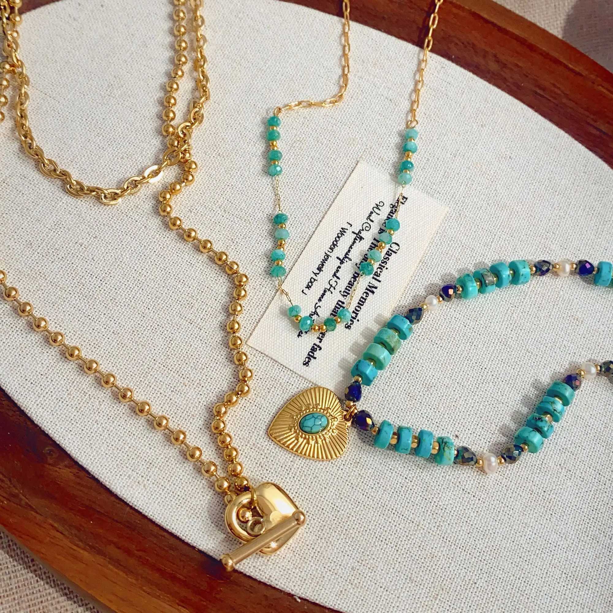 CARLIDANA Fashion Natural Stone Gold Color Turquoise Pendant Necklace Personality Multilayer Irregular Stainless Steel Jewelry W250318