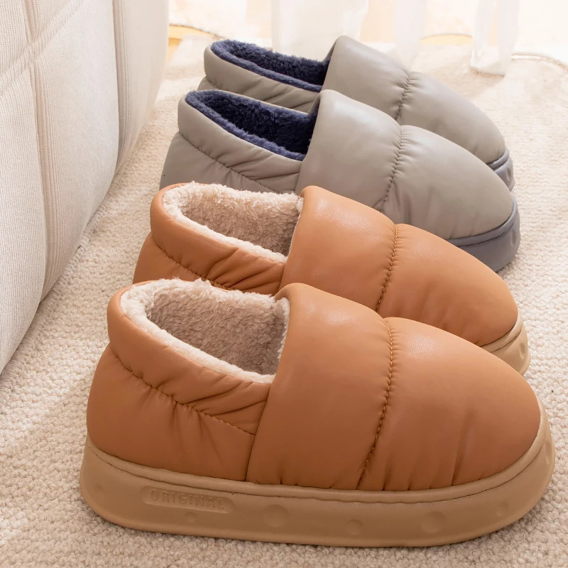 Feslishoet Men Winter Cotton Slippers Waterproof Anti Slip Thick Bottom Shoes Couple Home Use Plush Cotton Slippers Women 250318