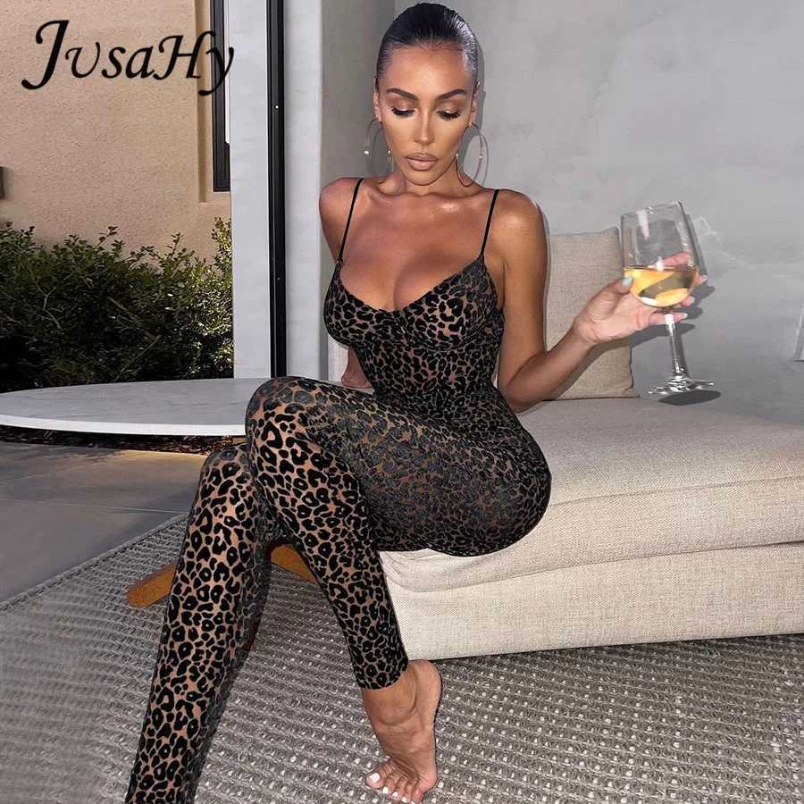 JuSaHy Leopard Print Flocking Womens jumpsuit Fashion backless shaping casual high T-shirt Womens dress X2503181