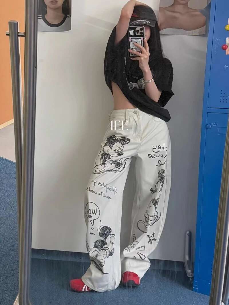 2025 Spring American Street Denim Trousers Cartoon Graffiti High Waist Skinny Wide Leg Jeans Or Mopping Straight Pants Women