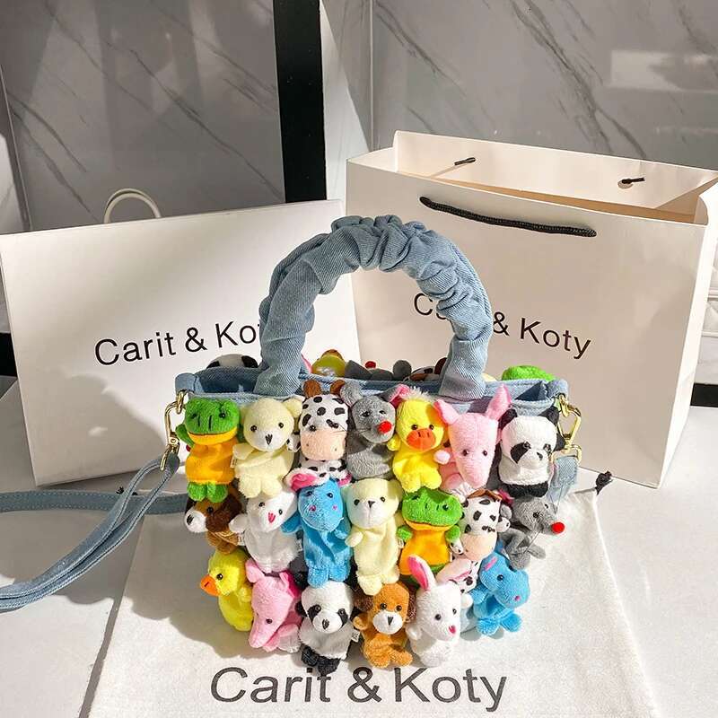 Blue Denim Cute Cartoon Doll Bucket Fashion Women's Handbag Lady Purse Shoulder Messenger Female Tote Casual Bag