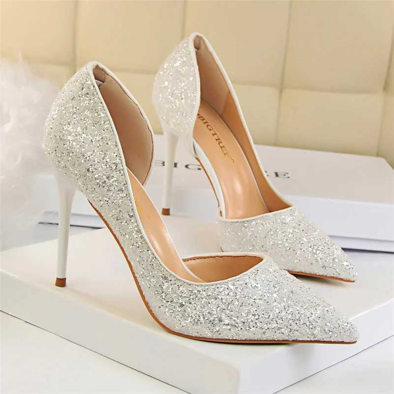 Plus size 34-43 Wen 9.5cm high H-striped gold Sier Bling Scarpins pump womens fine high heels wedding party fetish shoes Y250317