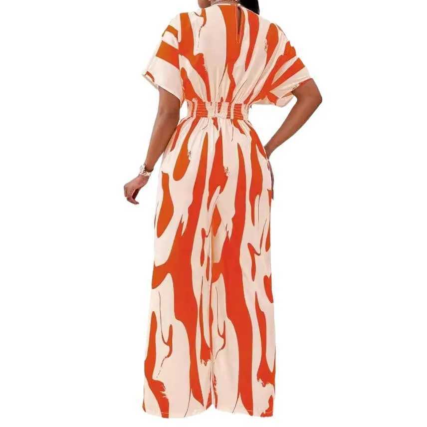 2024 Women Wide Leg Jumpsuit Spring Summer Fashion V Neck Short Slve High Waist Full Body Printed Jumpsuits Casual One X2503181