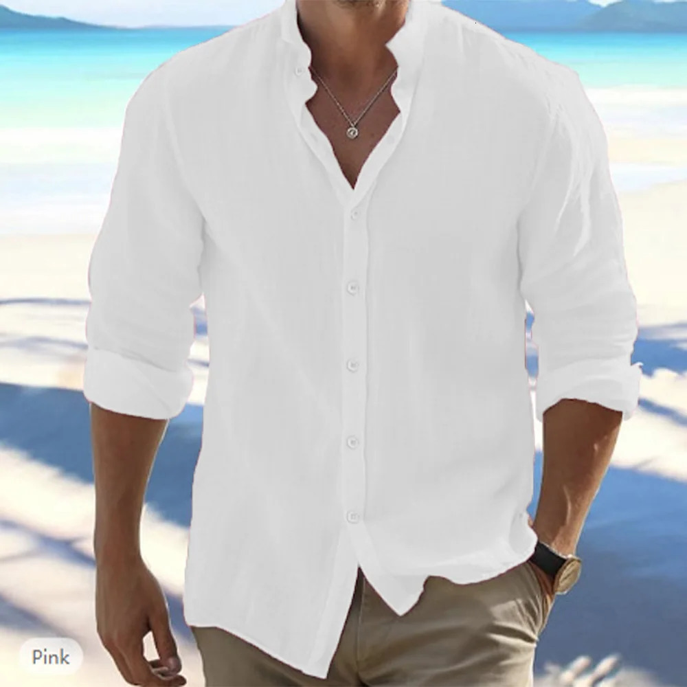 Cotton Linen Mens Long-Sleeved Shirts Summer Solid Color Stand-Up Collar Casual Beach Style Plus Size 250318