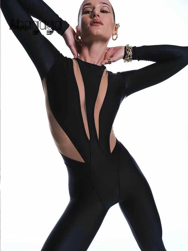 Ahagaga 2023 Fashion High Neck Sexy Splicing Work jumpsuit Womens T-shirt Casual O-neck Long Sleve Slim Body Overall Zipper X250318
