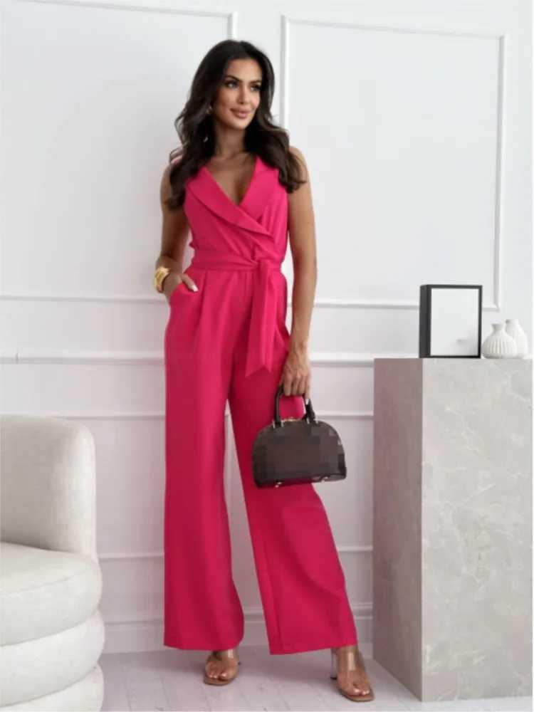 Womens Jumpsuits Elegant Office Lady 2024 Summer Slveless Solid Color Belt High Waist Wide Leg Pants Jumpsuit Casual Playsuit X250318