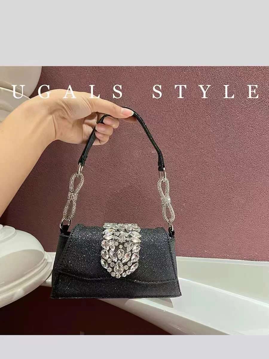 Satin Square Women's Handbag Crystal Shiny Dias Evening Wedding Party Clutch Purse Shoulder Messenger Bag