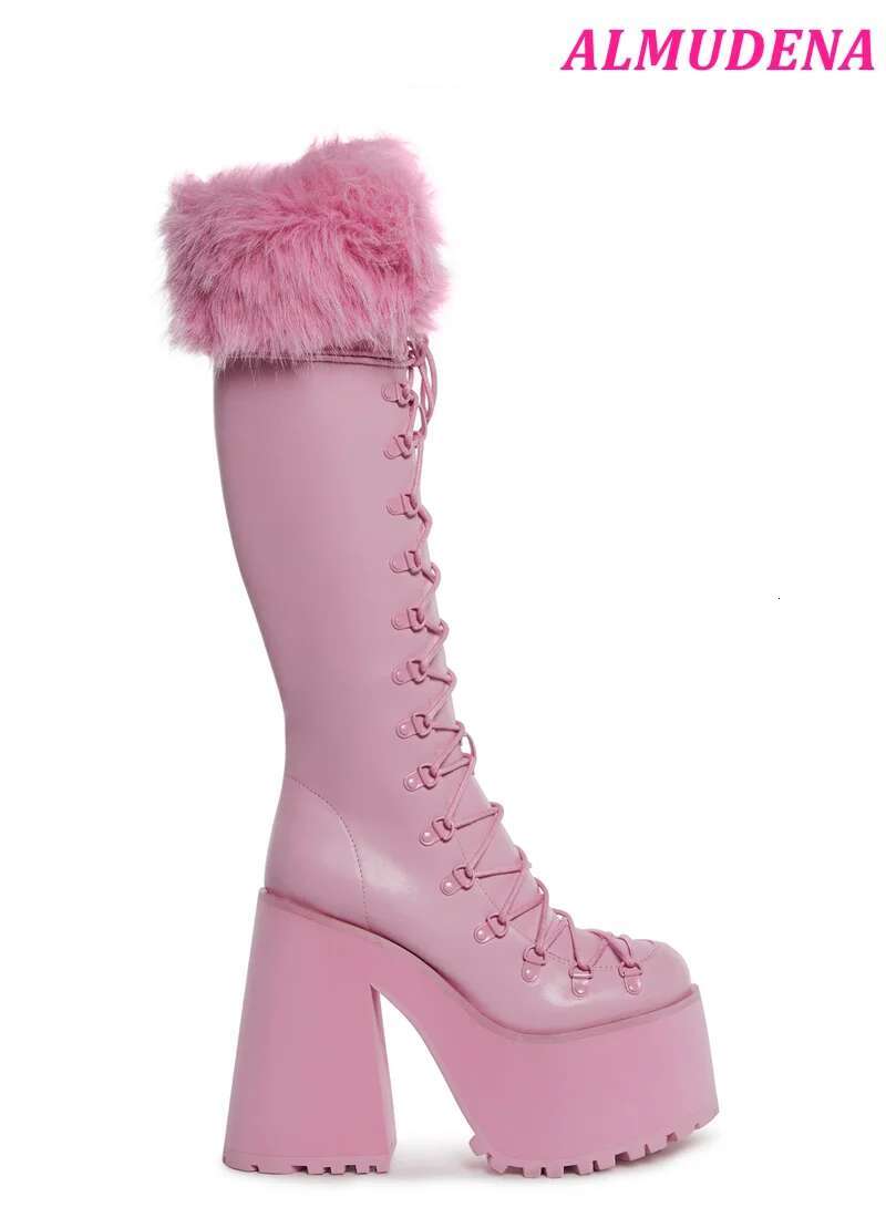 Pink Leather Platform Chunky Heel Knee High Boots Lace Up Fur Warm Big Size Long Boot Designer Cute Women's Lolita Shoes