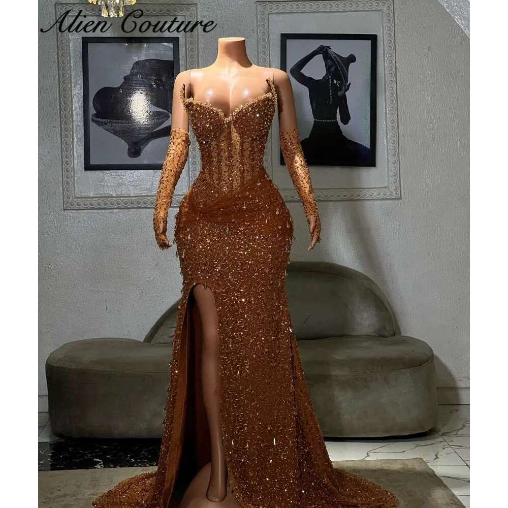 Elegant Gold Evening Birthday Party Black Girls Bead Dias Dresses For Women Prom Dress Customized Dr0318