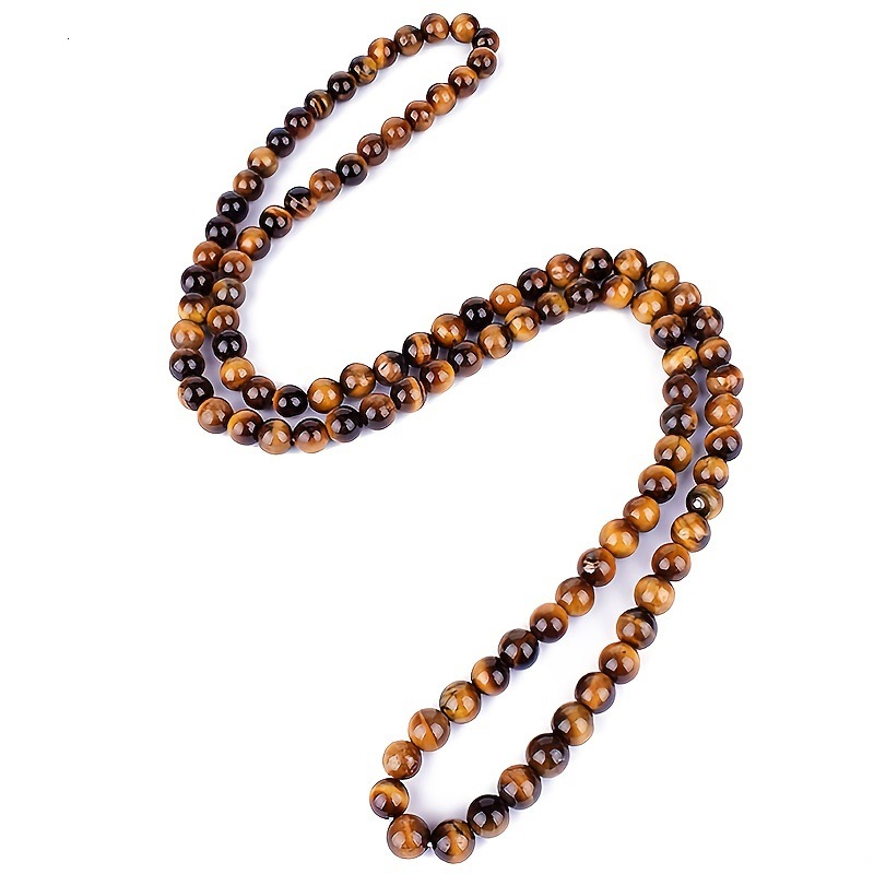 Yellow Tiger Eye Stone Imitation Black Agate Long Necklace Men's 8mm Natural Stone Beaded Item