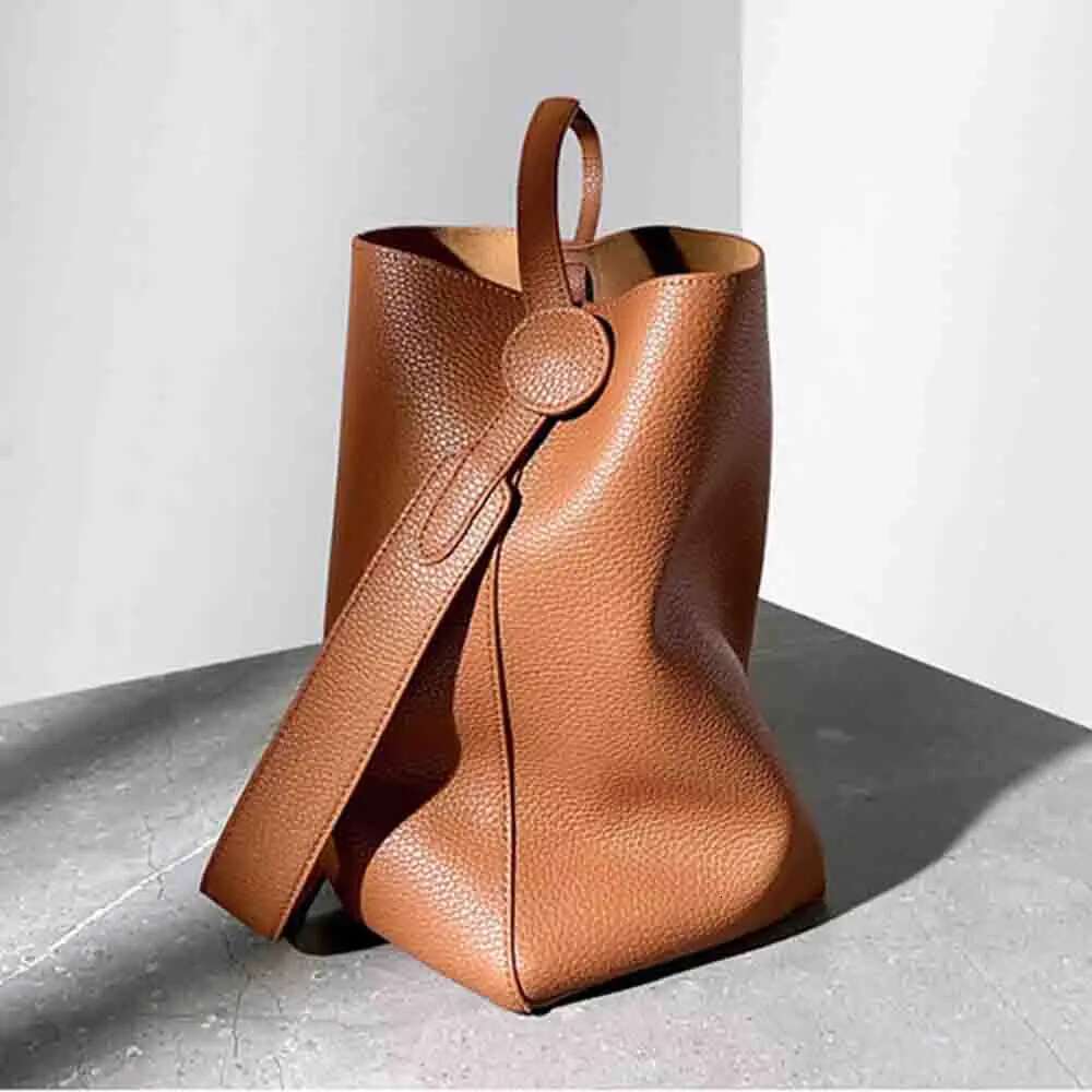 Minimalism Fashion Women Bucket Genuine Leather Handbags And Purses Soft Calfskin Casual Tote Bag New