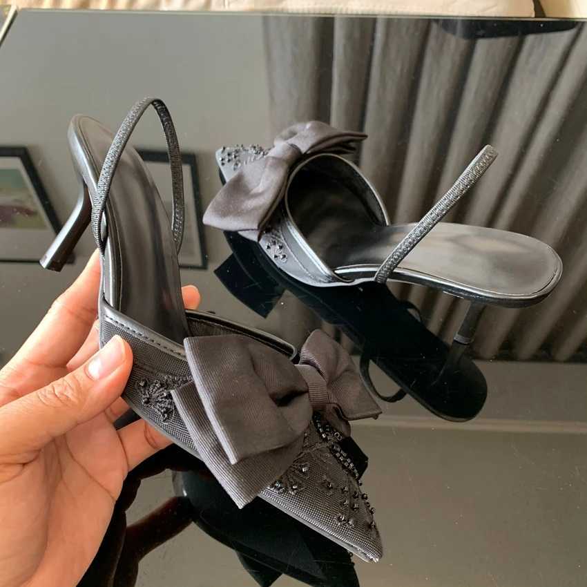 Black bow high H sandals Wen 2025 summer bounce back pump retro satin angular heel elegant party womens shoes Y250317