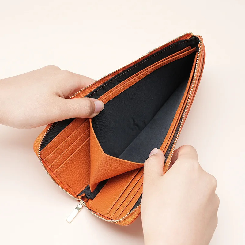 Leather long zipper wallet bag RFID card holder cowhide handbag coin wallet clutch phone bag 250317