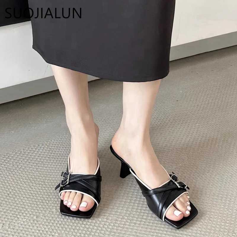 SUOJIALU 2025 brand new bra slider Fi square toe slider womens elegant slider square high heels outdoor dress sandals Y250317