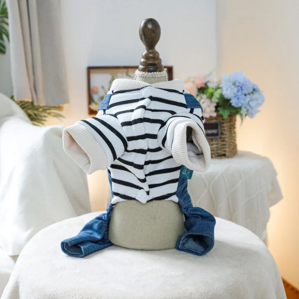 Cute cartoon puppy top boy classic striped jeans jumpsuit suitable for small midrange dogs Chihuahua French Bulldog clothing 250318