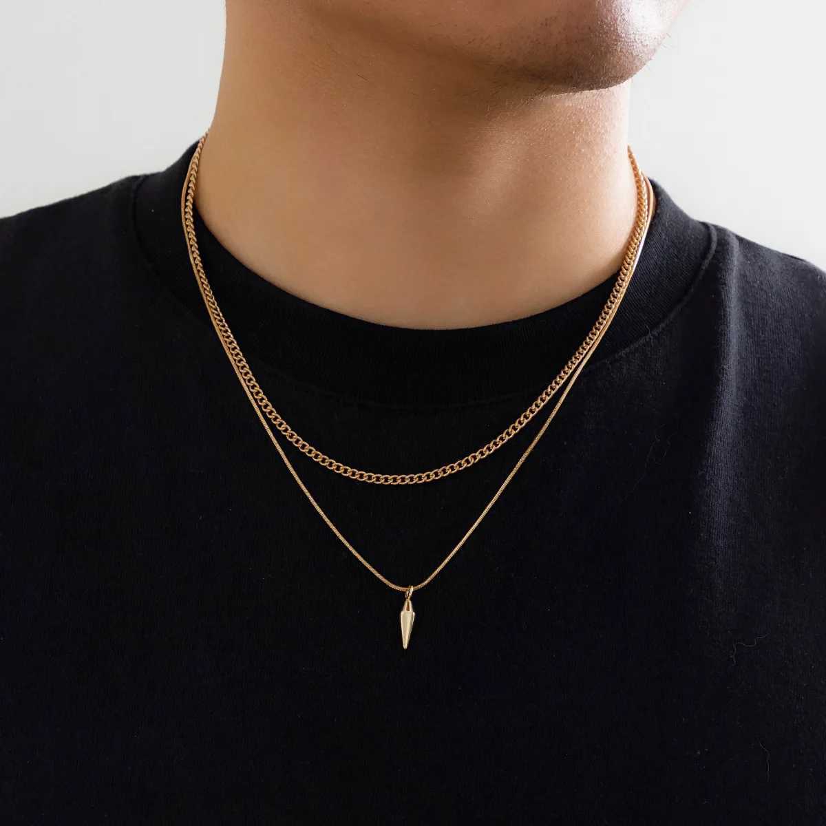 KunJoe 2pcs/set Stainless Steel Metal Rivet Pendant Thin Snake Chain Necklace for Men Punk Silver Color Cuban Link Chain Choker W250318