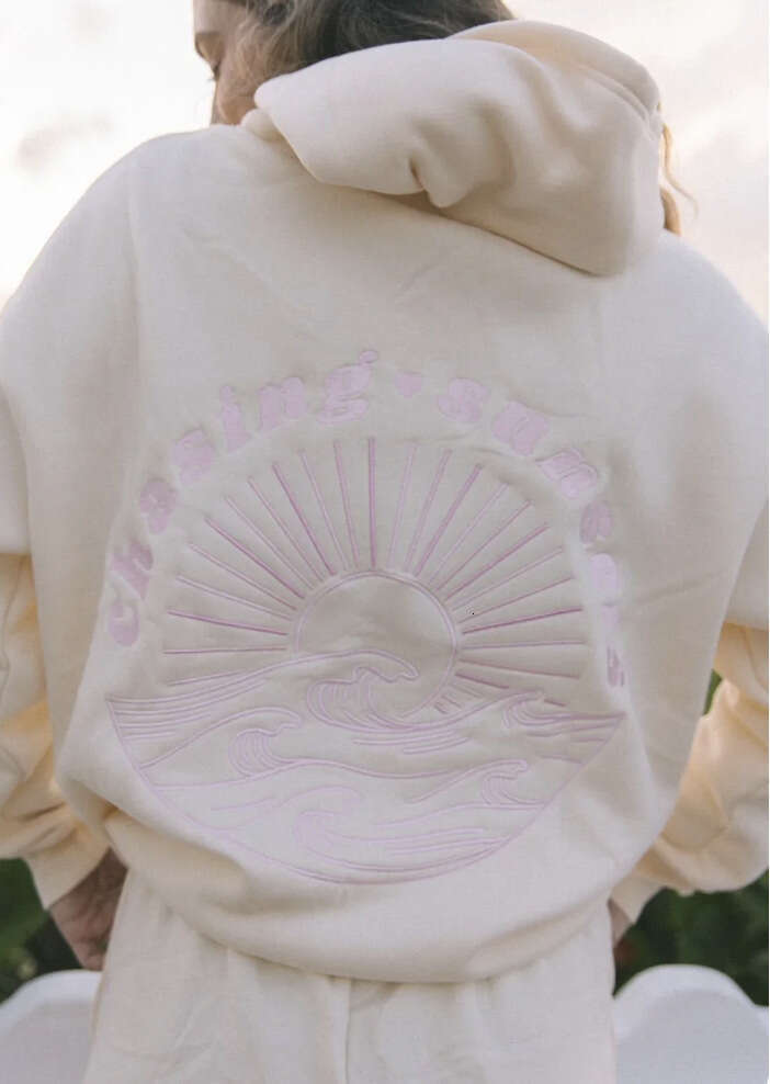 new European style women's shoulder sleeve thread ChasingSunsets brand hoodie hooded sweatshirt can be embroidered
