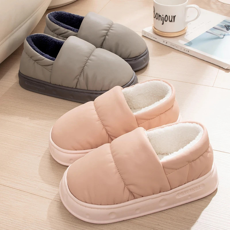 Feslishoet Men Winter Cotton Slippers Waterproof Anti Slip Thick Bottom Shoes Couple Home Use Plush Cotton Slippers Women 250318