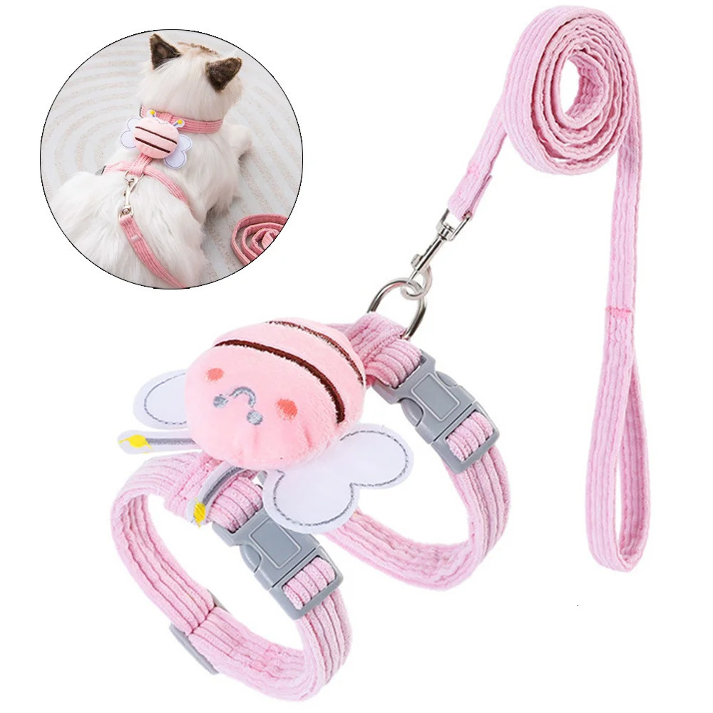 Cat harness collar set with adjustable cartoon bee double layered dog for small and mediumsized pet collars outdoor walking 250318