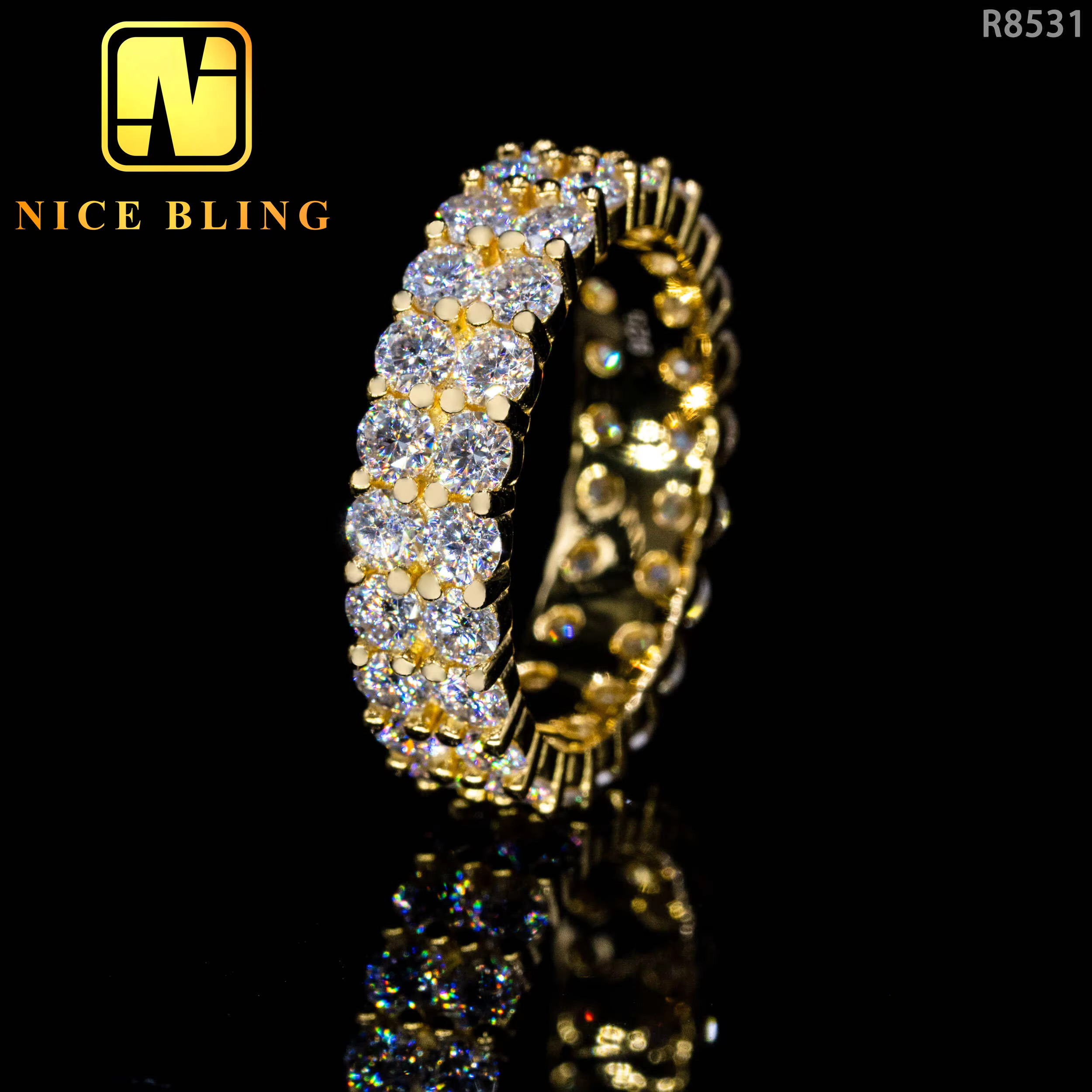 Iced Out Hip Hop Ring Jewelry Double Row VVS Moissanite Diamond Band Ring for Men