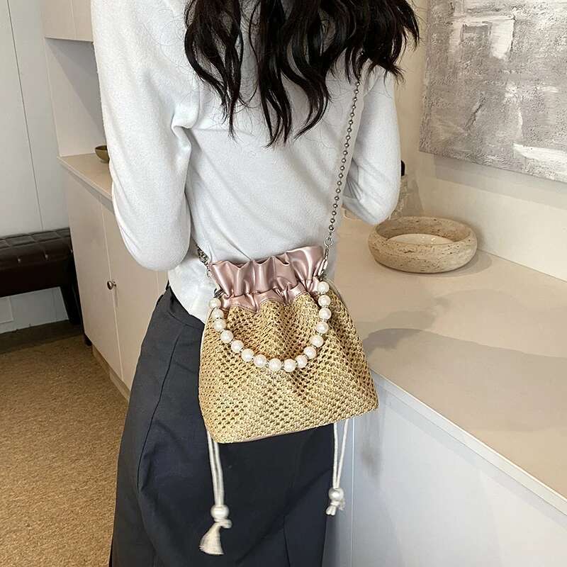 Straw Shoulder Solid Hasp Bucket Versatile Female Tote Bag Handmade Fashion Holiday Casual Top-Handle Bags Lady Beach Purse