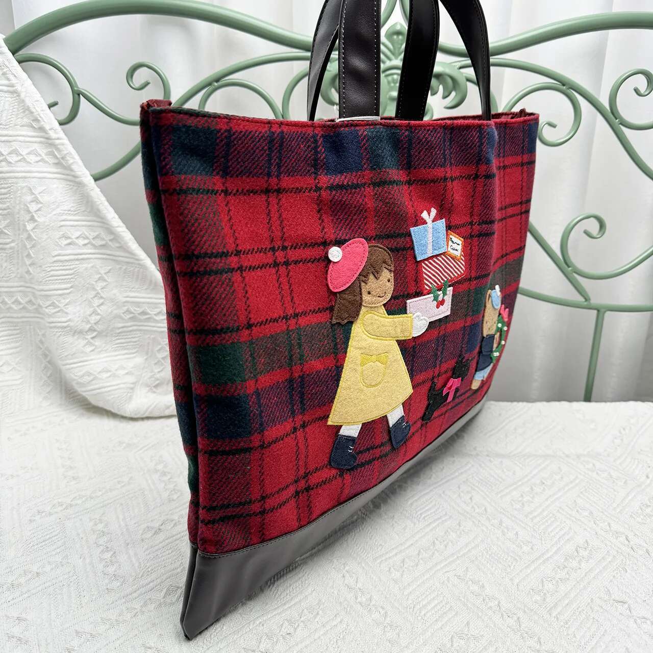 Kawaii Cute Cartoon Ladies Horizontal Checkered Square Denim Embroidery Bag Handbag 576701