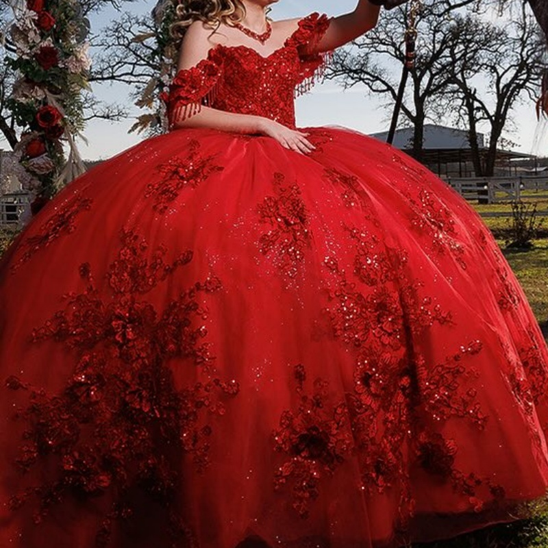 Red Shiny Princess Ball Gown Quinceanera Dresses Lace Appliques Crystals Beading Tull Sweet 16 Dress vestidos de 15 Anos