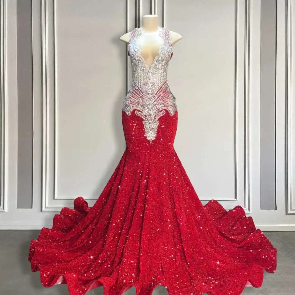 Sparkly Red Sequin Mermaid Dresses 2025 Sier Crystal Beaded Sheer Neck Long Prom Gowns For Black Girls Customized Dr0318
