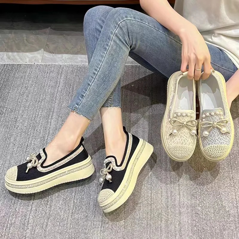 Shoes Woman 2025 Casual Female Sneakers Bow-Knot Pearl Decorateion Mixed Colors Round Toe Flats Crystal Butterfly Beading Su 250318
