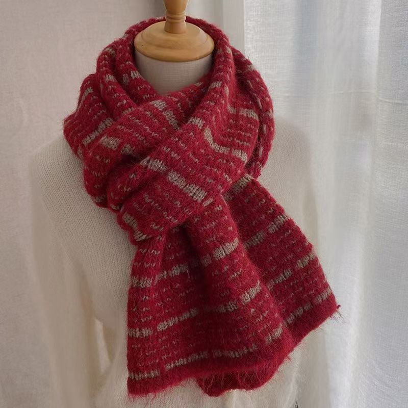 T307 striped simple versatile scarf 2025 new knitted wool scarf soft thick warm women