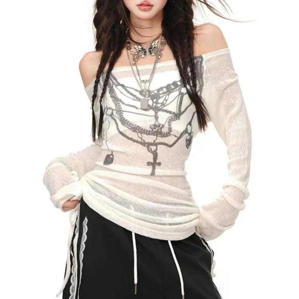 American Retro Ladys See Through T-Shirt Harajuku Cover Slash Neck Long Sleeve Top Y2K Punk Spice s T-Shirts Blouses 250318
