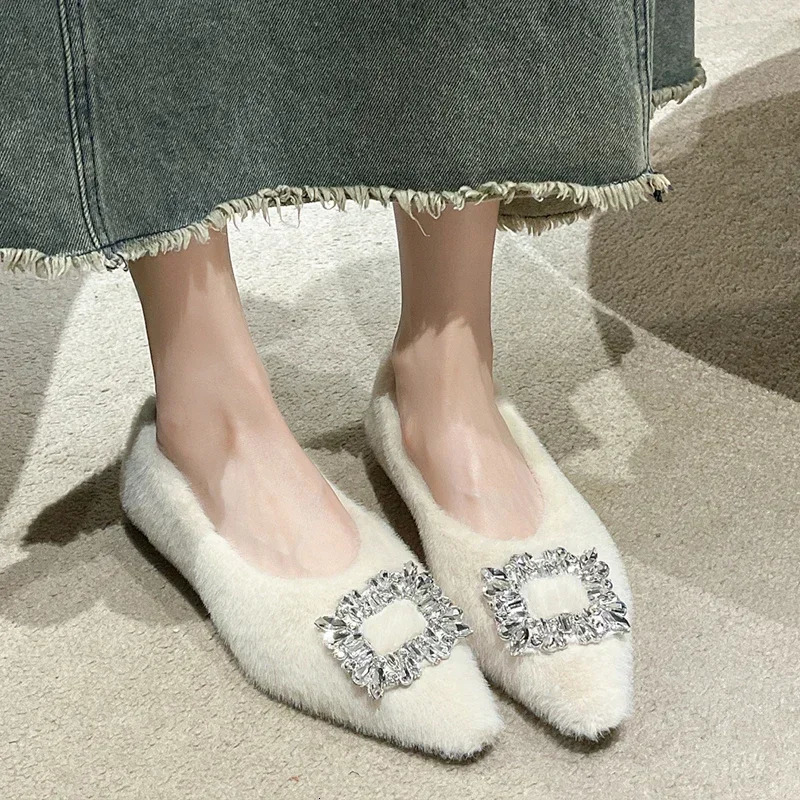 Winter Fur Flats Shoes Woman Crystal Pointed Toe Slip on Ladies Flat Shoes Female Sexy Boat Shoes Mocasines er 250318