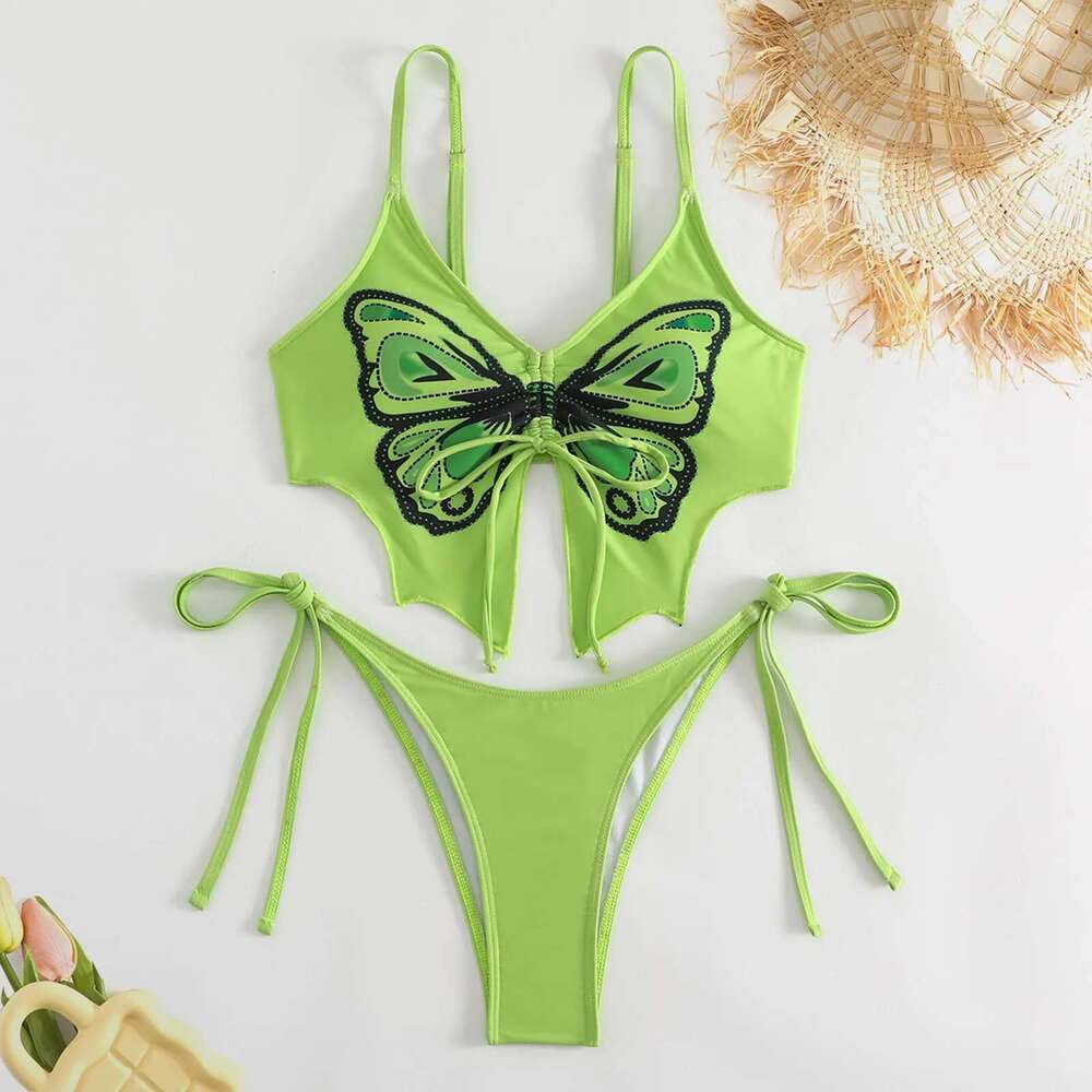 Two piece swimsuit, sexy, push up, butterfly print, cute, split style, two-piece set, high waist, beach, 2024