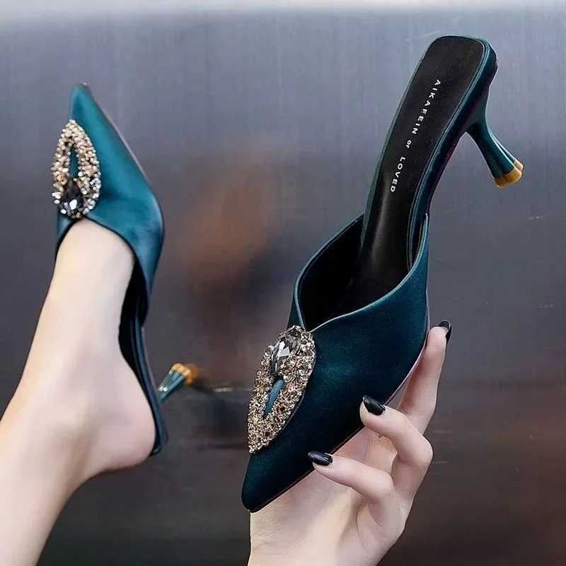 Slides Heeled Shoes Pointed Toe Knife Outside Rhenste Job Red Wens Slippers and Ladies Sandals Crystals Pvc S B W Luxury Y250317