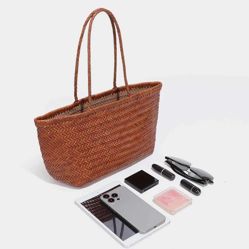 Genuine Leather Handwoven Tote Bags For Women Designer Handbags And Purses 2024 New In Cowhide With Inner Pocket Shoulder