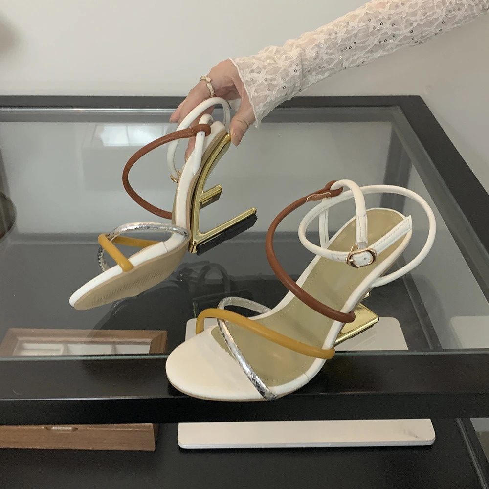 Aneikeh Summer Fashion Fretwork Heels Cross Striped Color Blocked High-heeled Sandals Women Ankle Buckle Strap Gladiator Shoes 250318